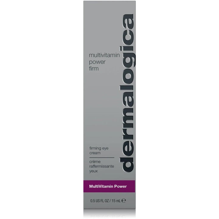 Dermalogica Multivitamin Power Firm 15 ml kiinteyttävä silmänympärysvoide harmaassa pakkauksessa violetilla raidalla.