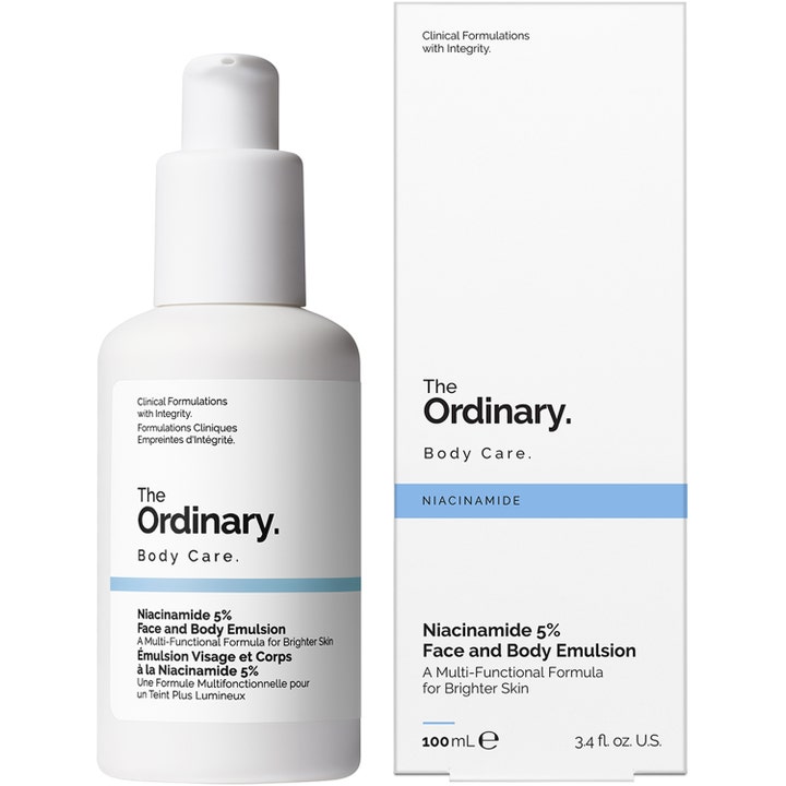 The Ordinary Niacinamide 5% Face & Body Emulsion 100 ml kirkastava emulsio valkoisessa pumppupullossa ja pakkauksessa.