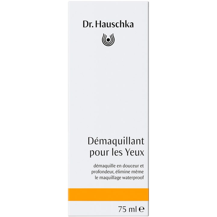 Dr. Hauschka Eye Makeup Remover 75 ml hellävarainen silmämeikinpoistoaine valkoisessa oranssiraitaisessa pakkauksessa.