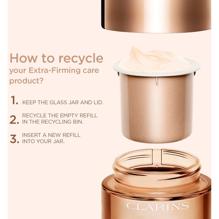 Clarins Extra-Firming Jour 50 ml silottava päivävoide ja ohjeet täyttöpakkauksen kierrätykseen.
