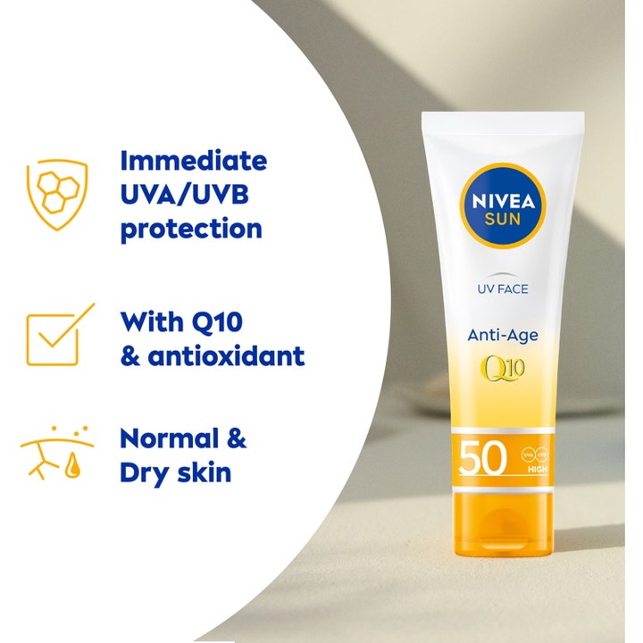 NIVEA Sun UV Face Anti Age Q10 Cream 50 ml aurinkovoide kasvoille SPF 50 keltaisessa tuubissa suojaa ja silottaa.