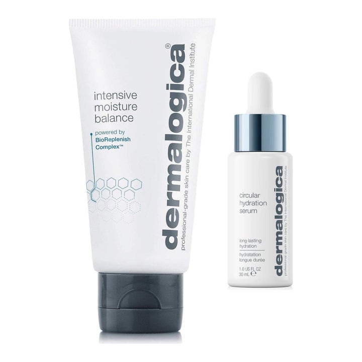 Dermalogica Intensive Moisture Balance ja Circular Hydration Serum 30 ml kosteuttava setti valkoisessa tuubissa ja pullossa.