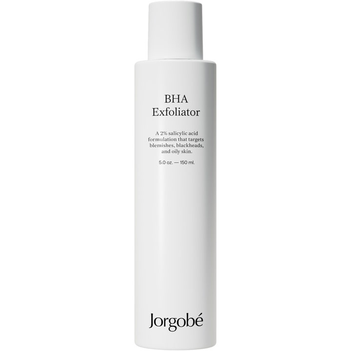 Jorgobé BHA Exfoliator 150 ml kuoriva kasvovesi vähentää epäpuhtauksia valkoisessa sylinterinmuotoisessa pullossa.