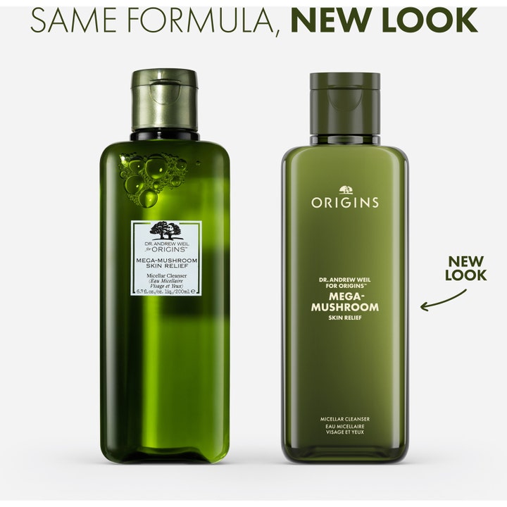 Origins Dr. Weil Mega-Mushroom Micellar Cleanser 200 ml rauhoittava misellivesi vihreissä pulloissa uusi ja vanha ilme