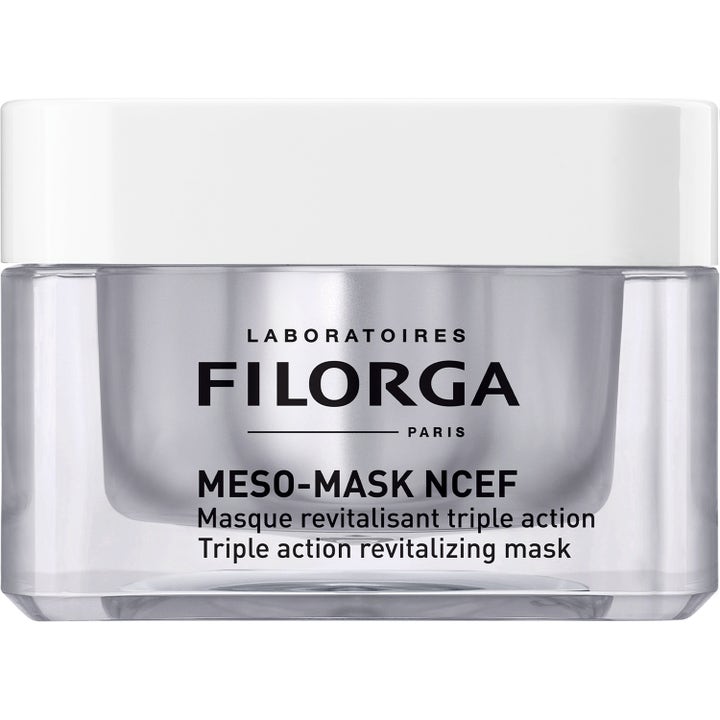 Filorga Meso-Mask NCEF 50 ml kirkastava kasvonaamio hopeisessa purkissa, joka heleyttää ihoa.