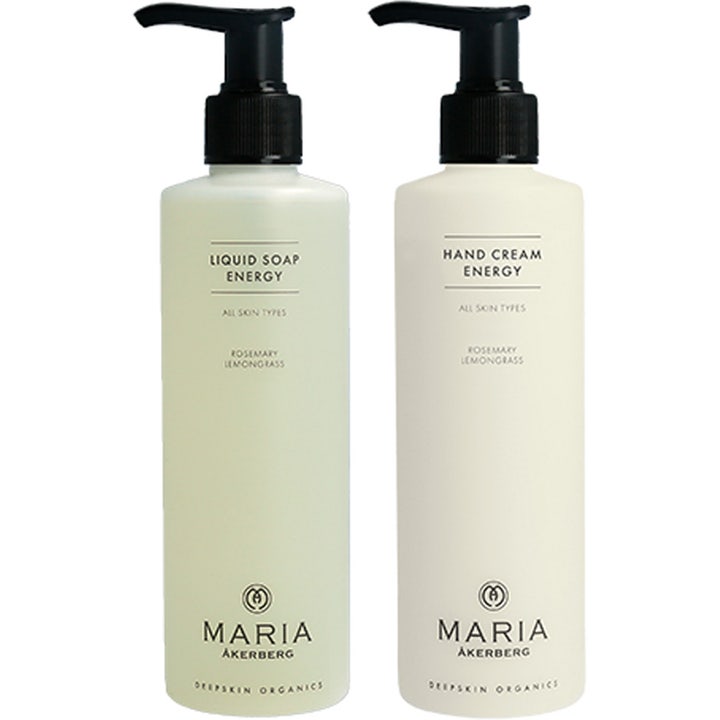 Maria Åkerberg Liquid Soap ja Hand Cream Energy virkistävä setti kaksi valkoista pumppupulloa mustilla korkeilla