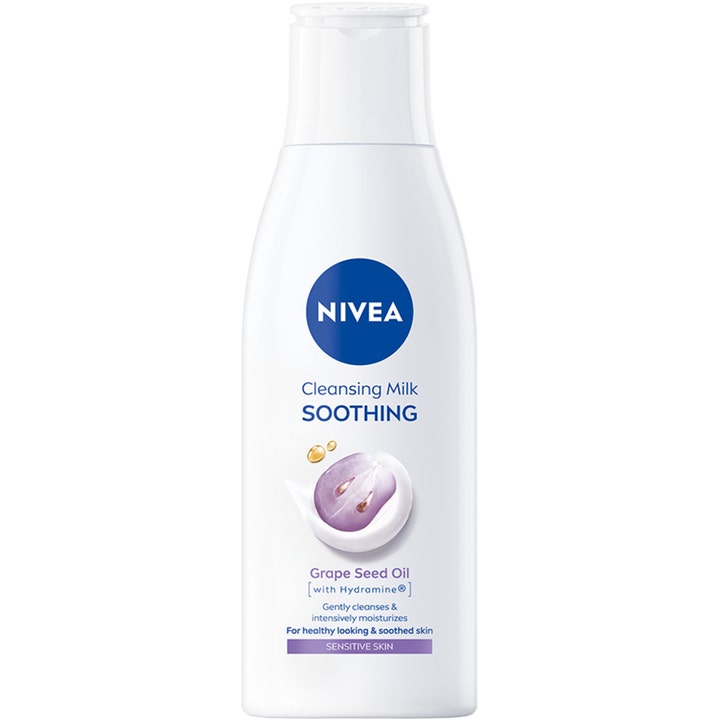 Nivea Cleansing Milk Soothing 200 ml rauhoittava puhdistusmaito valkoisessa pullossa viinirypäleensiemenöljyllä.