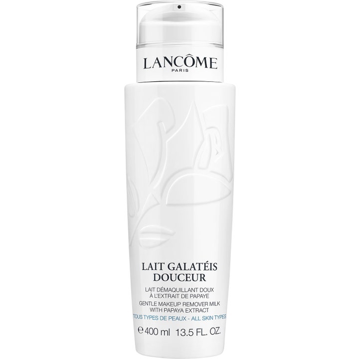 Lancôme Galatéis Douceur 400 ml puhdistusmaito meikin poistoon valkoisessa pullossa jossa on kohokuvioitu ruusu