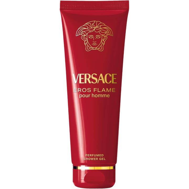 Versace Eros Flame Pour Homme suihkugeeli luo raikkaan tunteen punaisessa tuubissa kultaisella Medusa-logolla.