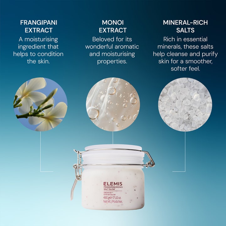 Elemis Frangipani Monoi Salt Glow 490 g vartalokuorinta silottaa ihoa sisältäen mineraalisuolaa ja kukkauutteita