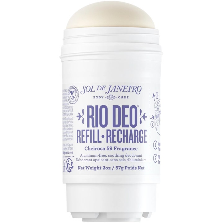 Sol de Janeiro Rio Deo Refill-Recharge 57 g alumiiniton ja rauhoittava deodoranttitäyttöpakkaus valkoisessa hylsyssä.