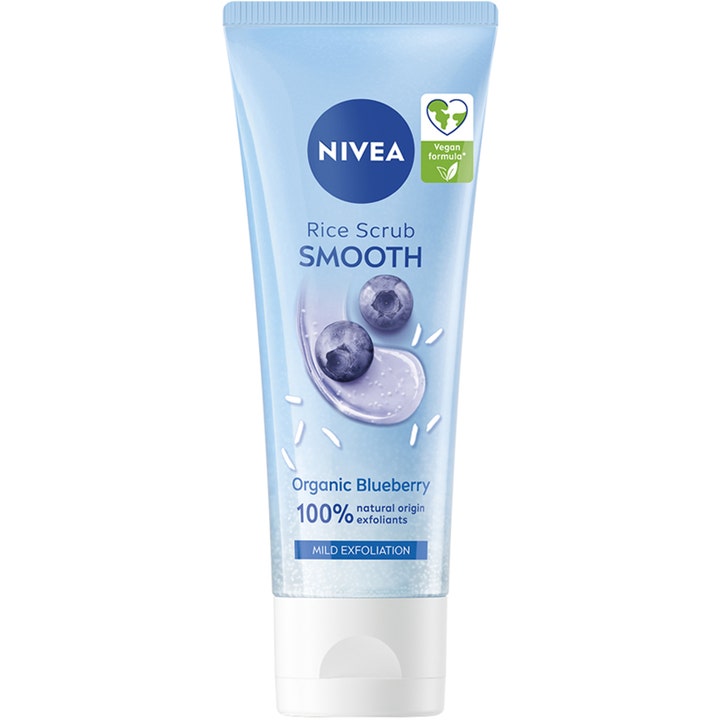 NIVEA Smooth Rice Scrub 75 ml kuorintavoide sisältää mustikkaa vaaleansinisessä tuubissa.