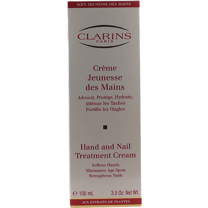 Clarins Hand & Nail Treatment Cream 100 ml vahvistava käsivoide valkoisessa pahvipakkauksessa.