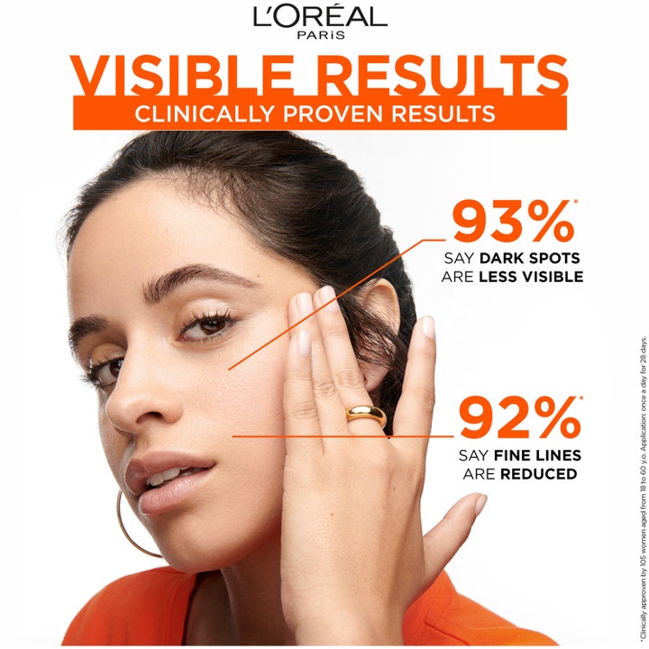 L'Oréal Paris Revitalift Clinical Daily UVA Fluid SPF50 50 ml vähentää juonteita. Nainen ja teksti Visible Results.