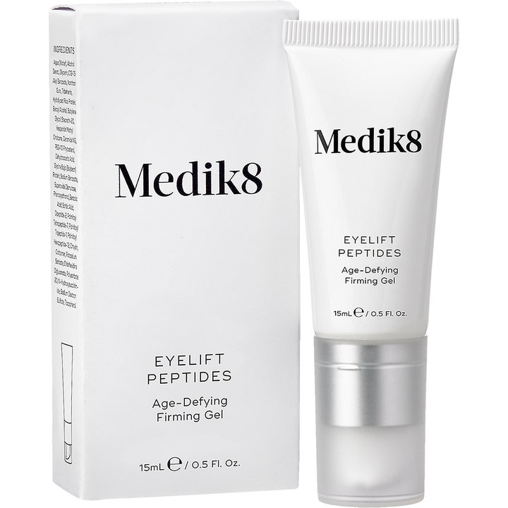Medik8 Eyelift Peptides 15 ml kiinteyttävä silmänympärysgeeli valkoisessa tuubissa ja pakkauksessa.