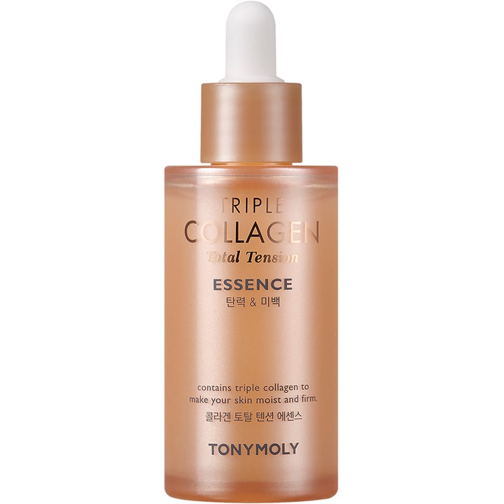 TONYMOLY Triple Collagen Total Tension Essence kiinteyttävä hoitoneste persikanvärisessä huurteisessa pipettipullossa