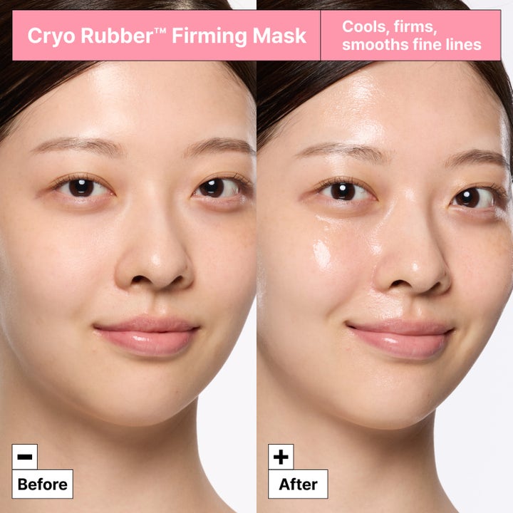 Dr.Jart+ Cryo Rubber Firming Mask 36 g kiinteyttävä kasvonaamio ennen ja jälkeen kuvassa silottaa ja viilentää ihoa.
