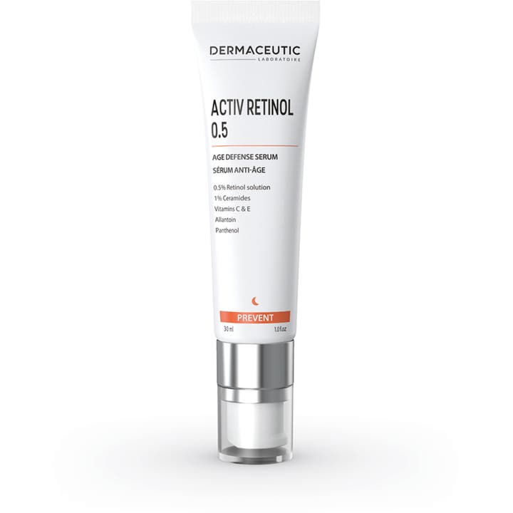 Dermaceutic Activ Retinol 0.5 30 ml uudistava seerumi ikääntymistä vastaan valkoisessa tuubissa hopeisella pumpulla