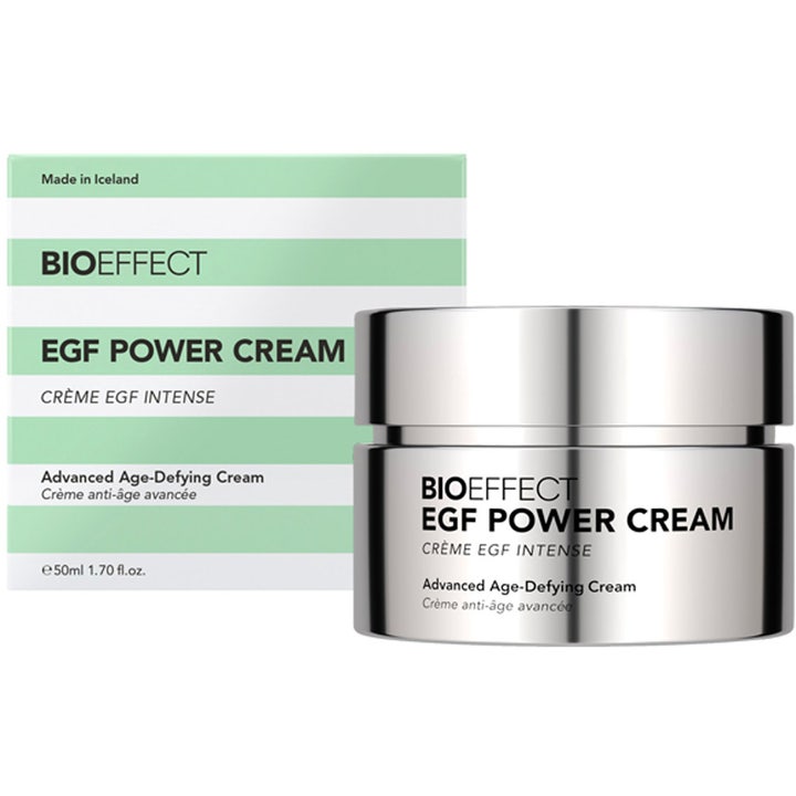 BIOEFFECT EGF Power Cream 50 ml uudistava kasvovoide hopeisessa purkissa ja valkovihreässä pakkauksessa