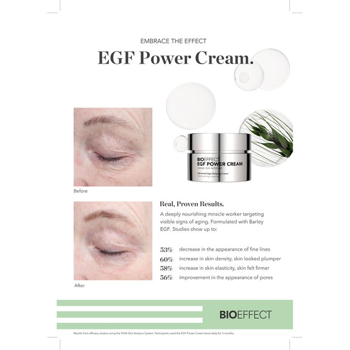 Bioeffect EGF Power Cream 50 ml kiinteyttävä dagkräm hopeisessa purkissa ja ennen ja jälkeen kuvat tuloksista.
