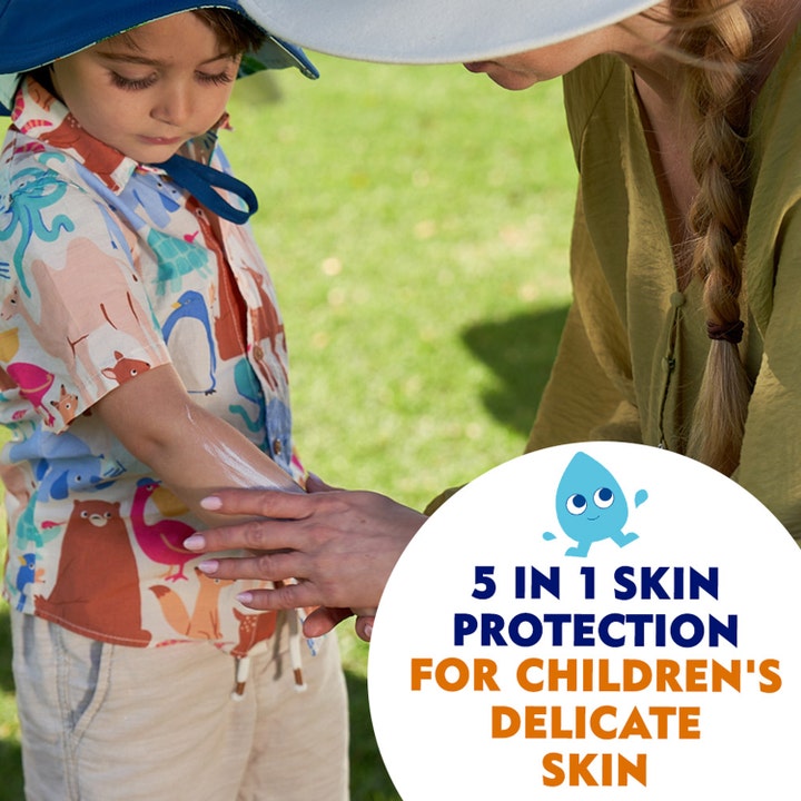 NIVEA Sun Kids Protect & Sensitive Lotion 200 ml aurinkovoide antaa 5in1 suojan aikuisen levittäessä voidetta lapsen iholle.