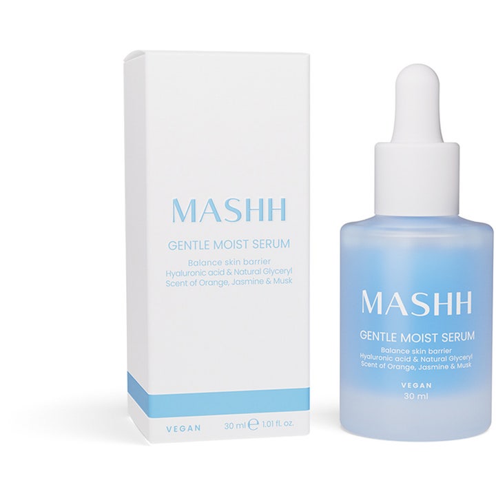 MASHH Gentle Moist Serum 30 ml vegaaninen seerumi vaaleansinisessä huurretussa lasipullossa ja valkoisessa pakkauksessa