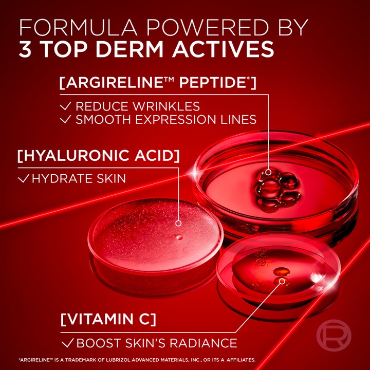 L'Oréal Paris Revitalift Laser 30 ml anti-age seerumi esittelee hyaluronihapon ja C-vitamiinin tehon punaisessa kuvassa.