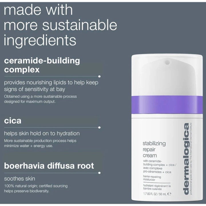 Dermalogica Stabilizing Repair Cream Duo 2x 15 ml rauhoittava kasvovoide ja cica infografiikka