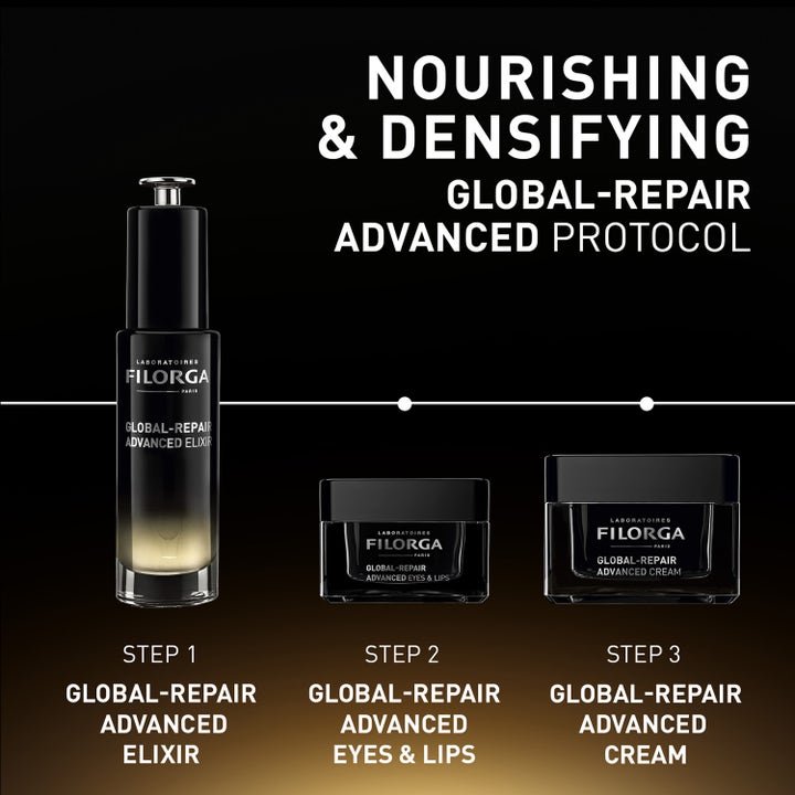Filorga Global-Repair Advanced Eyes & Lips 15 ml ravitseva silmänympärysvoide osana kolmivaiheista hoitorutiinia.