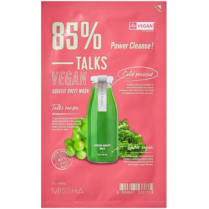 Missha Talks Vegan Squeeze Sheet Mask 27 g puhdistava kasvonaamio pinkissä pakkauksessa, jossa on vihreää mehua ja lehtikaalia.