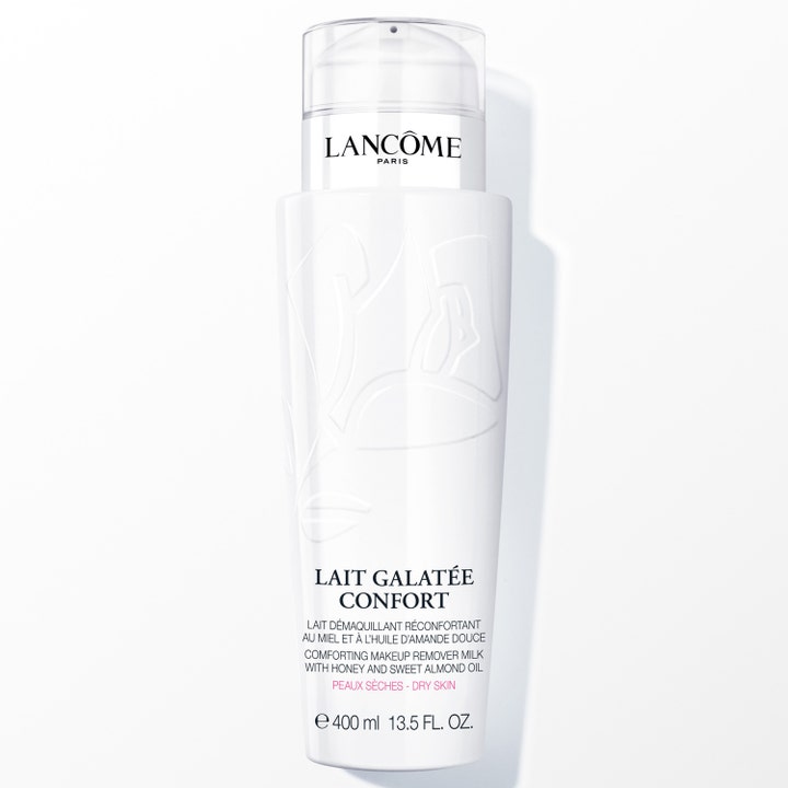 Lancôme Lait Galatée Confort 400 ml puhdistusmaito rauhoittaa kuivaa ihoa valkoisessa pullossa jossa on kirkas korkki.