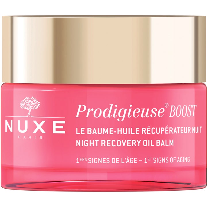 Nuxe Prodigieuse Boost Night Recovery Oil Balm 50 ml elvyttävä yövoide vaaleanpunaisessa purkissa kultaisella korkilla