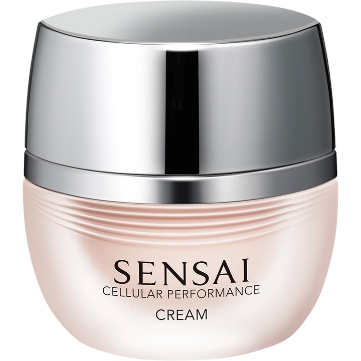 Sensai Cellular Performance Cream kosteuttava kasvovoide helmiäishohtoisessa purkissa kiiltävällä hopeisella korkilla