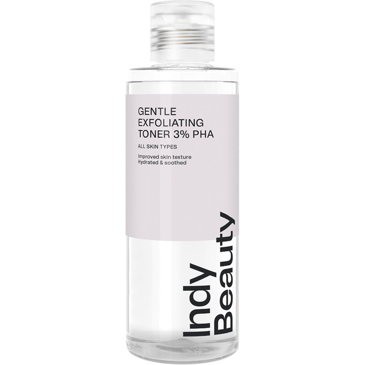 Indy Beauty Gentle Exfoliating Toner 3% PHA kuoriva kasvovesi kirkkaassa muovipullossa valkoisella etiketillä