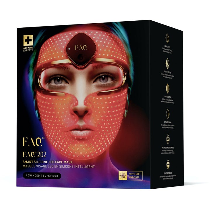 FAQ Swiss FAQ 202 Anti-Aging Silicone LED Face Mask mustassa pakkauksessa jossa punaisena hohtava LED-kasvonaamio.