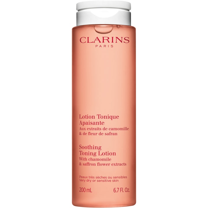 Clarins Soothing Toning Lotion 200 ml rauhoittava kasvovesi kamomillalla vaaleanpunaisessa pullossa valkoisella korkilla