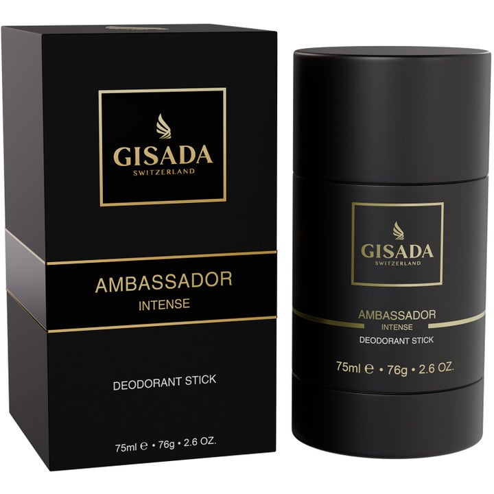 Gisada Ambassador Intense Deodorant Stick 75ml raikastava deodorantti mustassa hylsyssä ja pakkauksessa kultaisin yksityiskohdin.