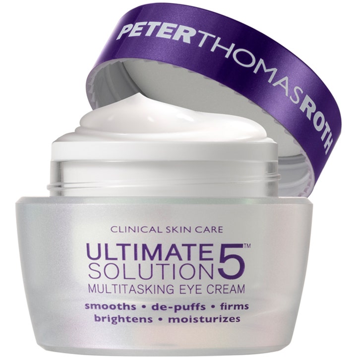Peter Thomas Roth Ultimate Solution 5 Eye Cream 15 ml silottaa ihoa, täyteläistä valkoista voidetta ja liila korkki