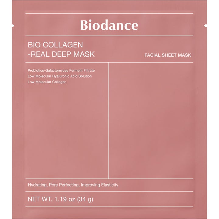 Biodance Bio Collagen-Real Deep Mask 136 g kosteuttava ja kimmoisuutta parantava kasvonaamio pinkissä pussissa.