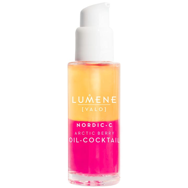 Lumene Nordic-C Arctic Berry Oil-Cocktail 30 ml hehkua antava kasvoöljy keltaisella ja pinkillä kerroksella kirkkaassa pullossa