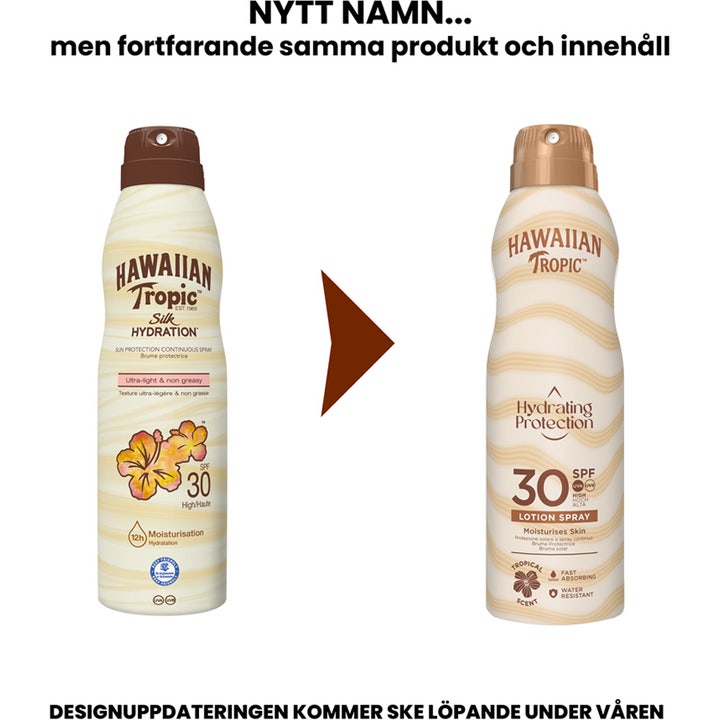 Hawaiian Tropic Hydrating Protection 177 ml kosteuttava SPF 30 aurinkovoide suihke uudella ja vanhalla ulkoasulla