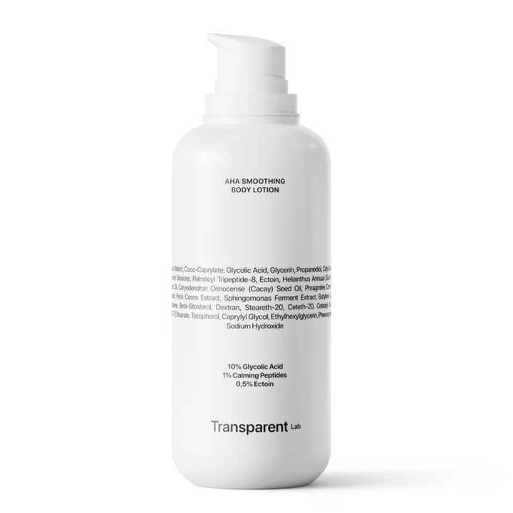 Transparent Lab AHA Smoothing Body Lotion silottava vartalovoide valkoisessa pumppupullossa uudistaa ihoa glykolihapolla.