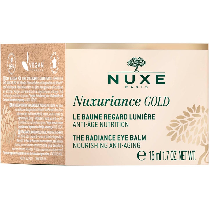 Nuxe Nuxuriance Gold 15 ml kirkastava silmänympärysvoide anti-aging-vaikutuksella kultaisessa vegaanisessa pakkauksessa.