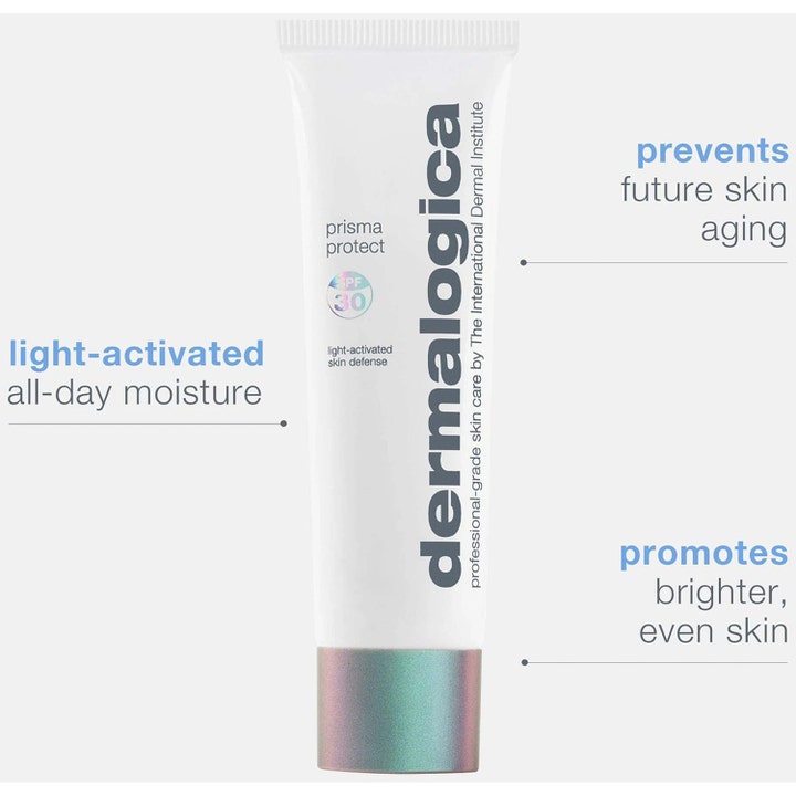Dermalogica Prisma Protect SPF30 50 ml kirkastava ja kosteuttava aurinkovoide valkoisessa tuubissa kimaltelevalla korkilla.