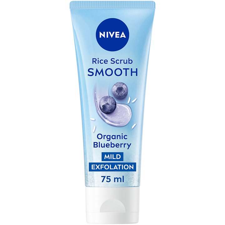 Nivea Rice Scrub Smooth 75 ml silottava kasvokuorinta vaaleansinisessä muovituubissa mustikkakuviolla