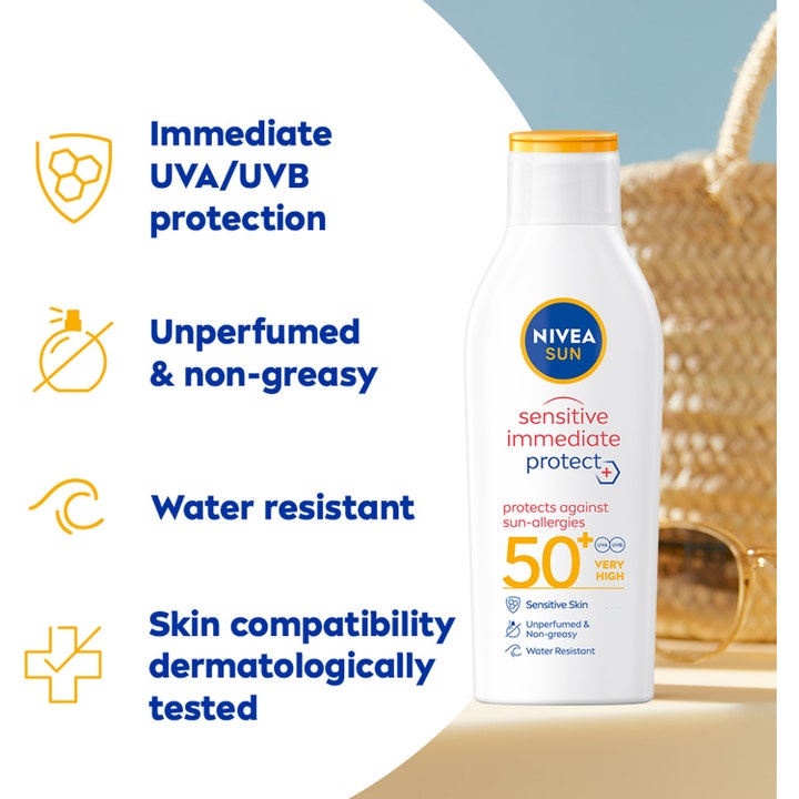 Nivea Sun Sensitive Immediate Protect Lotion 200 ml aurinkovoide spf 50 suojaa herkkää ihoa aurinkoallergialta.