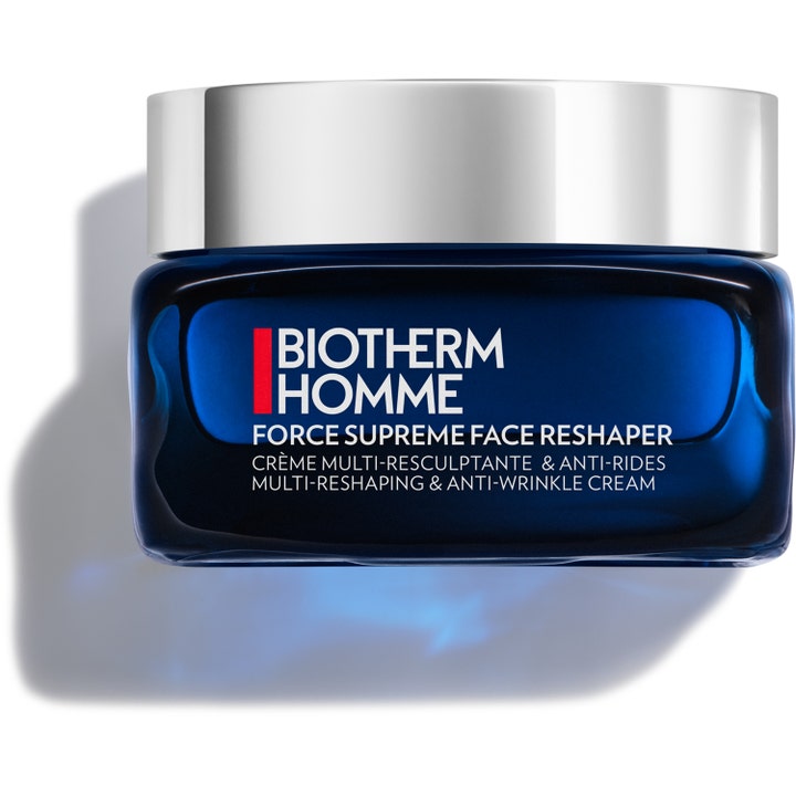 Biotherm Homme Force Supreme Face Reshaper kiinteyttävä kasvovoide miehille sinisessä lasipurkissa hopeisella korkilla