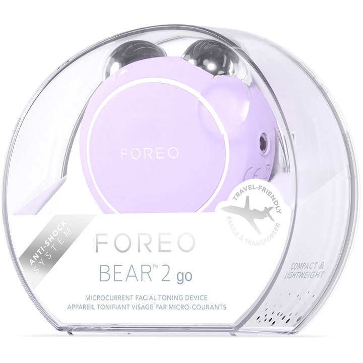 FOREO BEAR 2 go Lavender 1 kpl kasvojen mikrovirtalaite läpinäkyvässä pyöreässä pakkauksessa.