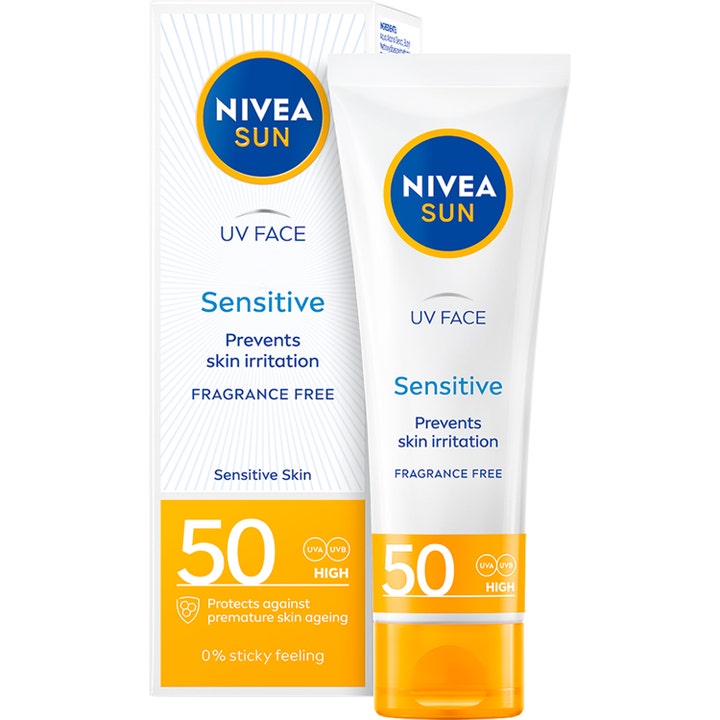 Nivea Sun UV Face Sensitive 50 ml hajusteeton aurinkovoide kasvoille valkoisessa tuubissa keltaisella korkilla.