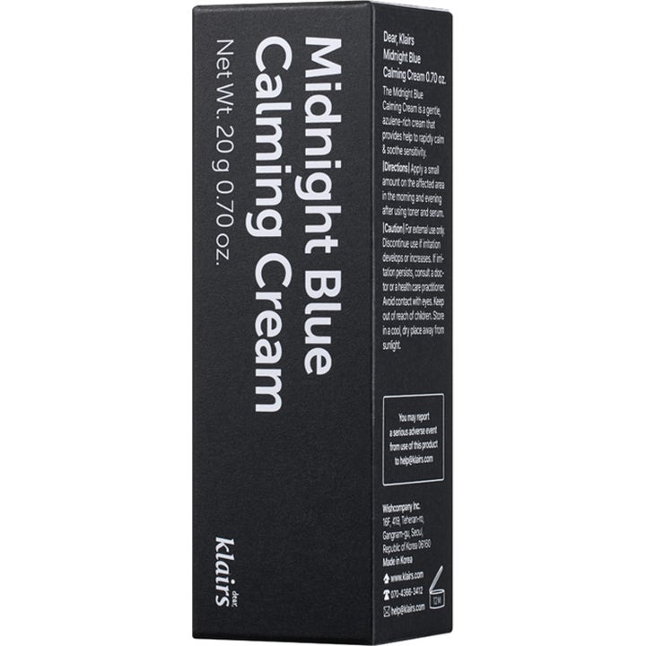 Klairs Midnight Blue Calming Cream 20 g rauhoittava täsmähoitovoide pelkistetyssä mustassa pahvipakkauksessa.